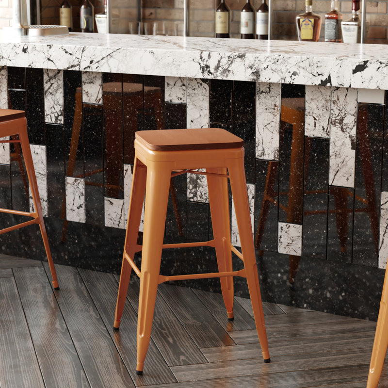 Briahnna Indoor/Outdoor Backless Counter Stool with Poly Resin Seat, Orange/Brown, Bar Stool (30" Seat Height)