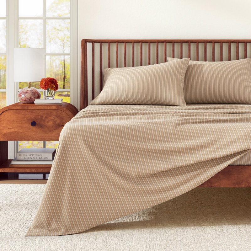 100% Turkish Cotton Plaid Flannel Sheet Sets, Twin Sheet Set with 1 Pillowcase, Tonal Striped