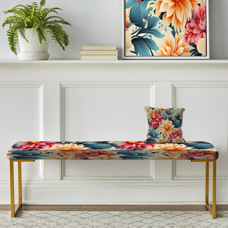 Retro Floral Kaleidoscope Melody - Vintage Upholstered Gold Bench