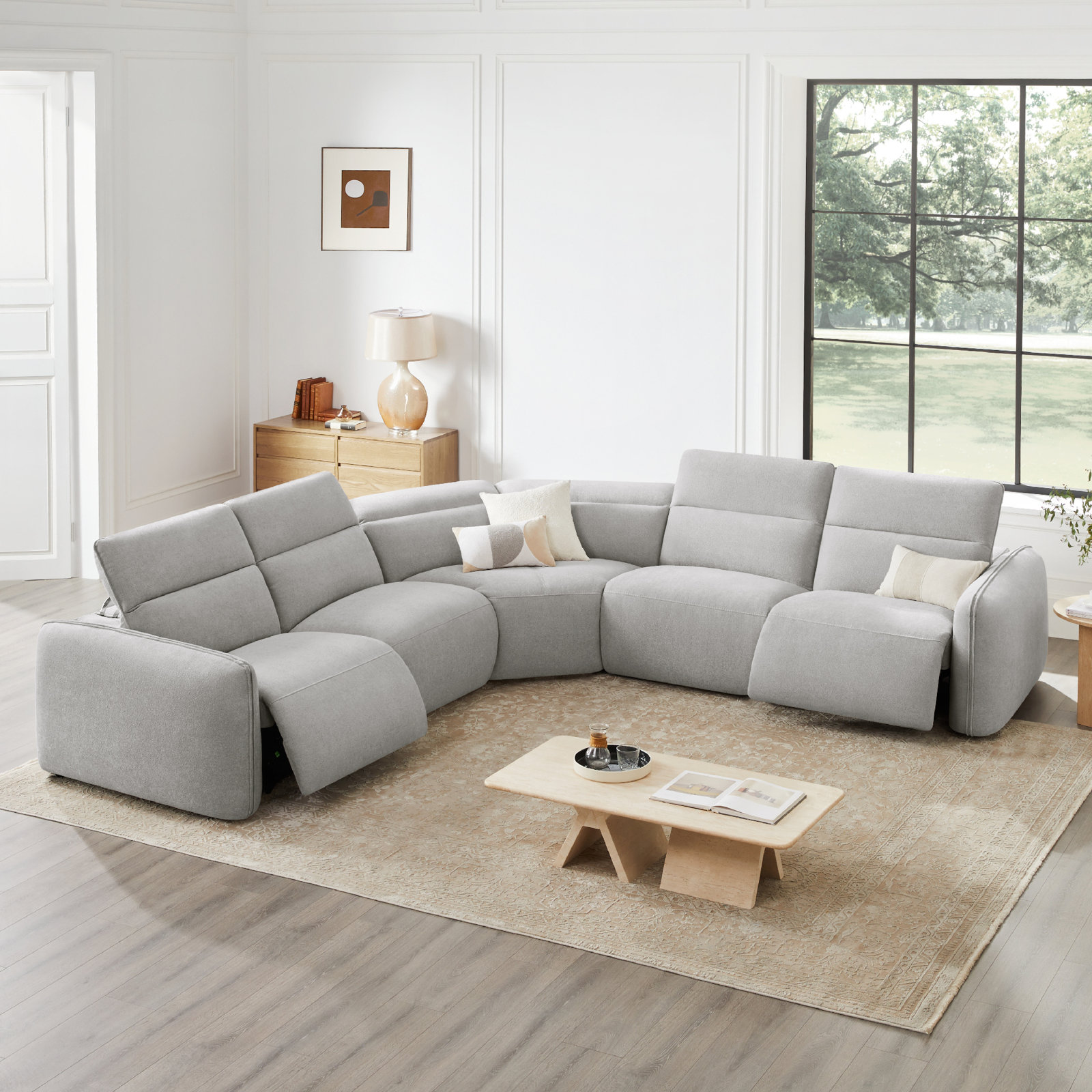 Bayne Upholstered Recliner Sectional, Elite Dove Performance