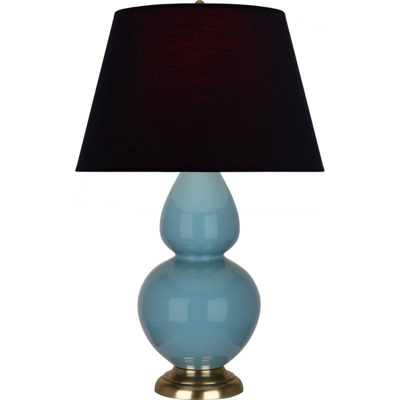 Lampe de table double gourde en céramique, Thé vert / taupe, Bleu acier émaillé / laiton, Laiton