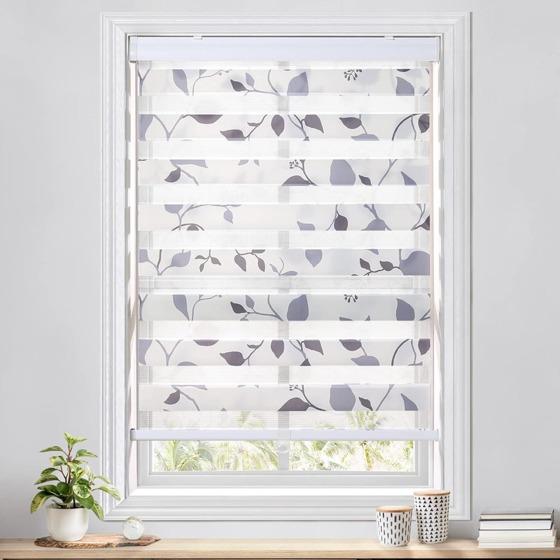Store à enroulement zébré sans cordon à double couche avec motif imprimé, Feuilles grises, L 26 po x L 72 po
