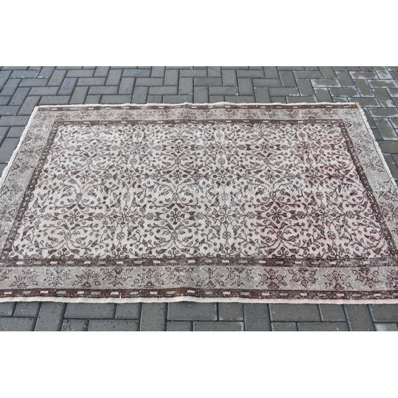 Tapis turc rétro fait à la main avec motif Oushak idéal comme tapis décoratif brun