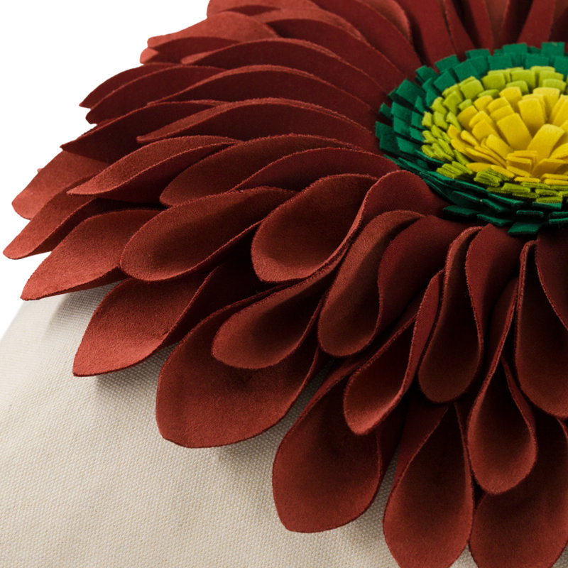 Appliqued Floral Accent Pillow Cover Sunflower Decorative Throw Pillow Case 18in, Dark Red/Beige