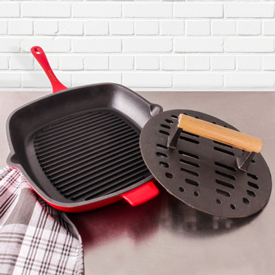 Streetman 2pc Cast Iron Set: 11" Grill Pan with Slotted Steak Press, Red