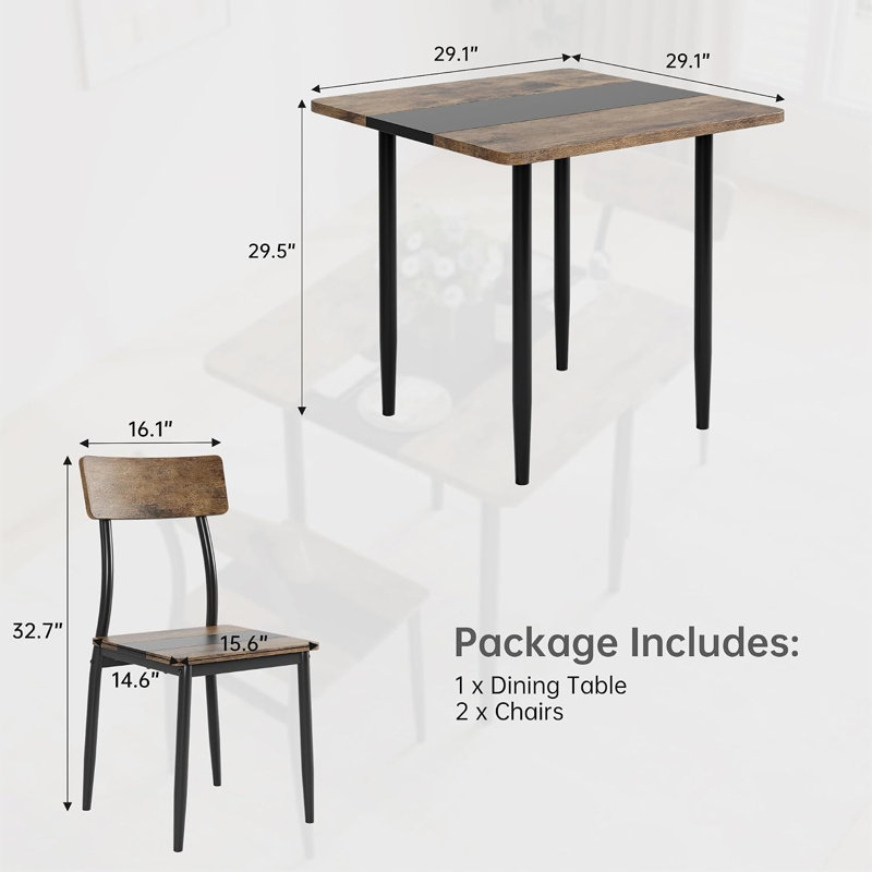 Ensemble table et chaises de salle à manger 3 pièces pour 2 personnes, structure en métal et plateau en MDF, plateau bicolore, brun et noir.