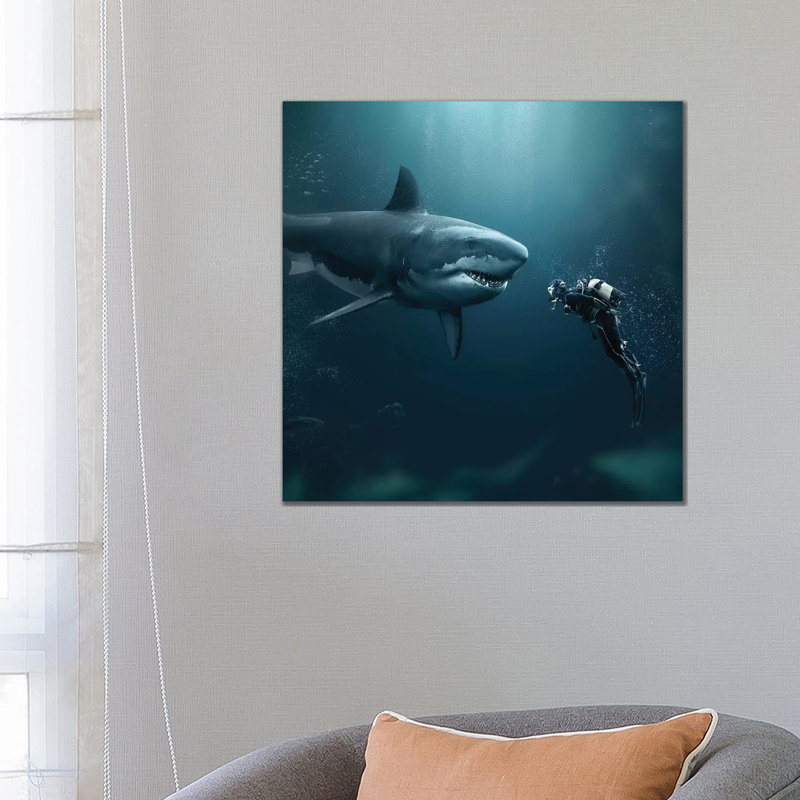 Shark Meets Diver by Zenja Gammer - Print on Canvas, Wrapped Canvas, 66.04 cm H x 66.04 cm W x 3.175 cm D