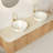 Dina 60" Bathroom Vanity&Sinks, Floating Curved Edges Striped Storage Cabinet With 2 Drawers, 2 Stone White Bowl Ceramic Basins&Travertine-Pattern Sintered Stone Top, Pre-Assembled, Natural Woodgrain-1351352561-1351352567