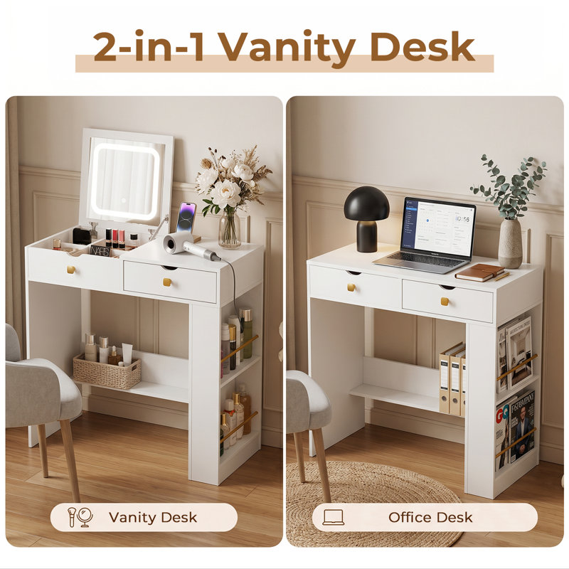Yenitza Flip Top Vanity with Lighted Mirror and Charging Station , White