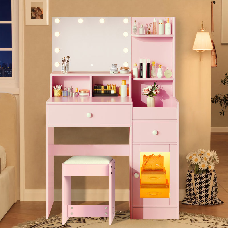 37" Vanity Desk With 10 Light Blubs Mirror And LED Storage Cabinet, Pink