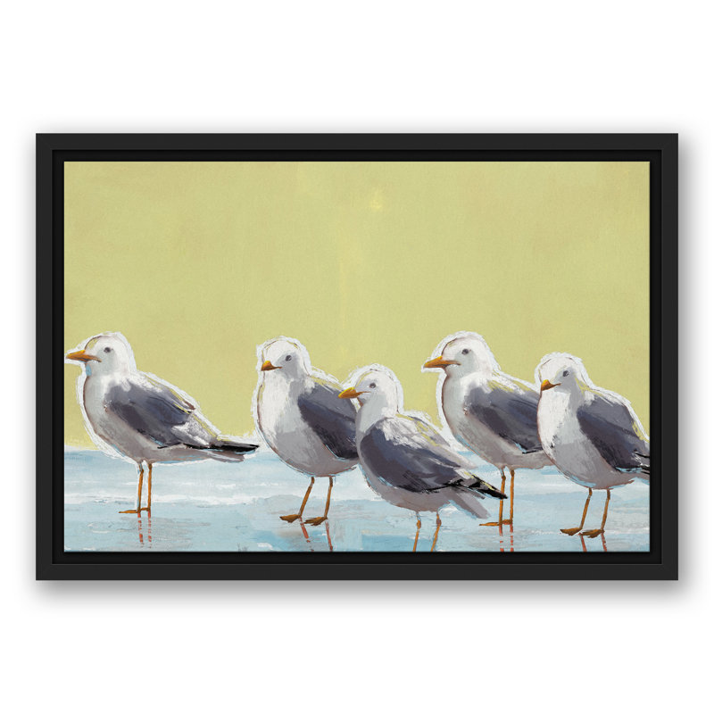 Mouettes sur fond jaune sur toile, H 13,75 po x l 19,75 po x P 1,75 po, Cadre flottant noir