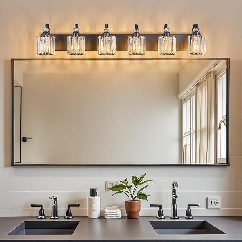 Luminaire de salle de bain moderne à 6 lumières avec abat-jour en cristal pour un éclairage de miroir élégant, Noir mat, Rond
