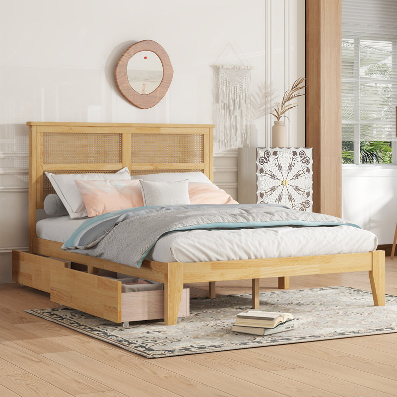 Full White Oak Rubber Wood Bed with Rattan Headboard and Storage Drawers