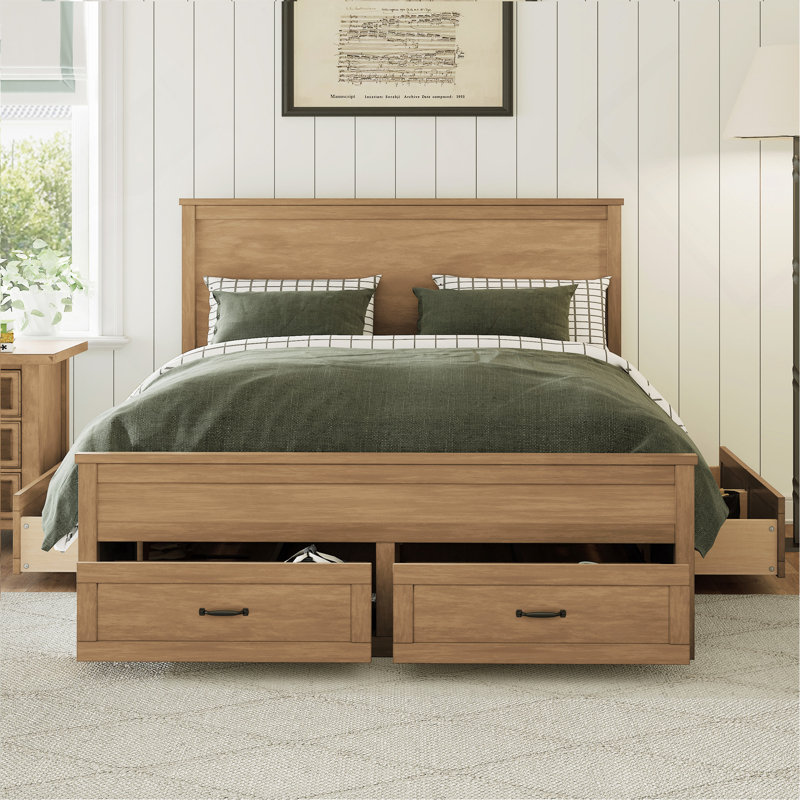 Base de lit moderne avec 6 tiroirs et support de lattes, pas besoin de sommier, naturel, Naturel