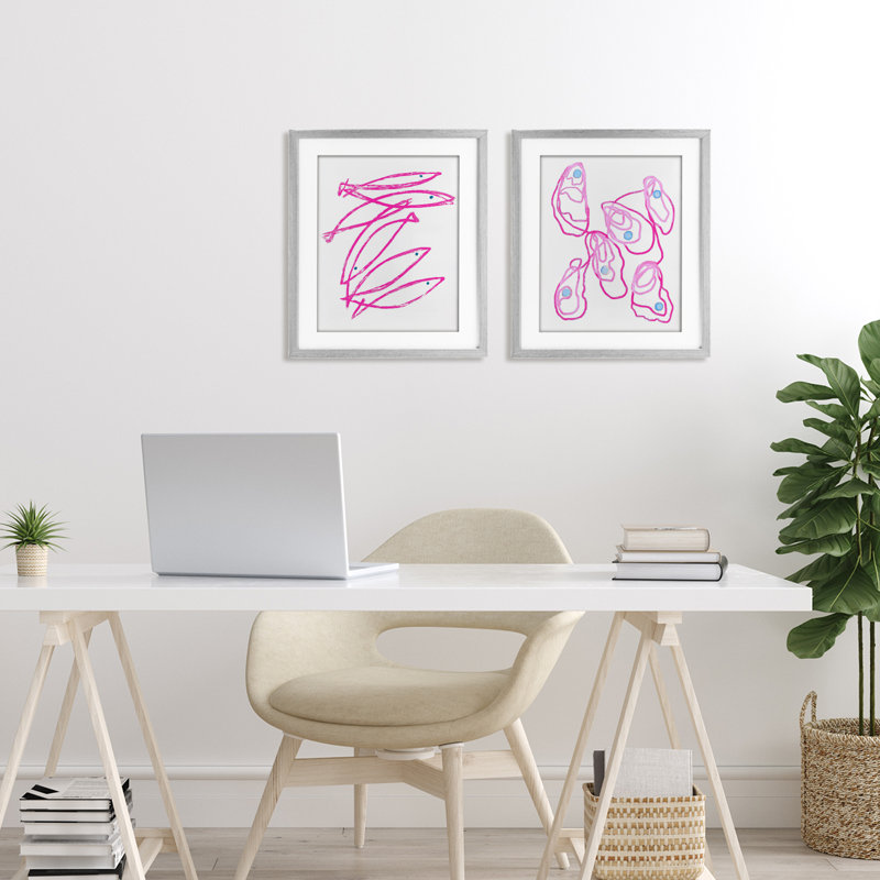 Ensemble de 2 impressions encadrées sous verre Minimal Pink Fish & Oysters, par Lil 'Rue, H 16 po x l 13 po