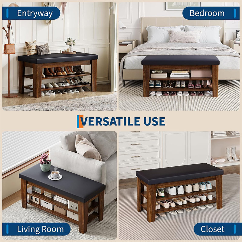 Banc de rangement en bois pour chaussures avec rangement rabattable, banc de rangement pour chaussures à 2 niveaux avec coussin et tablettes réglables