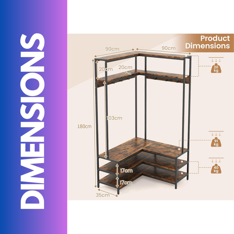 Ansby Industrial L-Shaped Hall Tree Coat Rack Stand With Shoe Storage Shelves