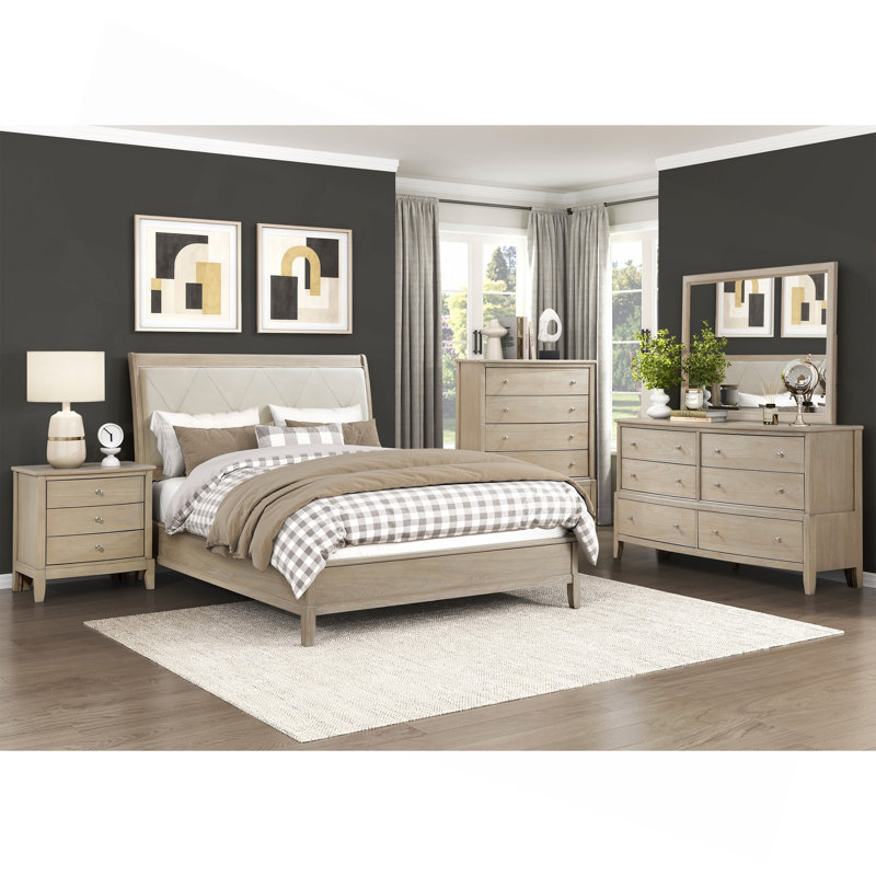 Meuble de chambre à coucher moderne avec très grand lit capitonné moderne brun clair, California King