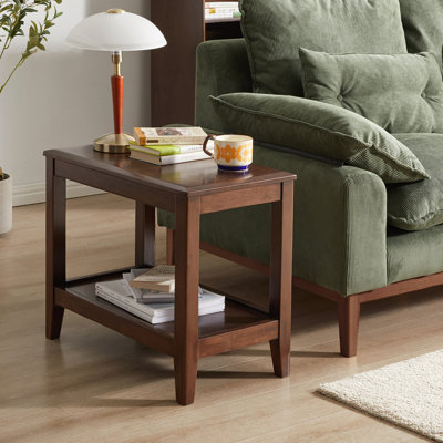 Solid Wood Rustic Side Table for Living Room,End Table with Storage Shelf  2-Tier Sofa Table for Living Room, Rubber Wood Indoor Plant Stand