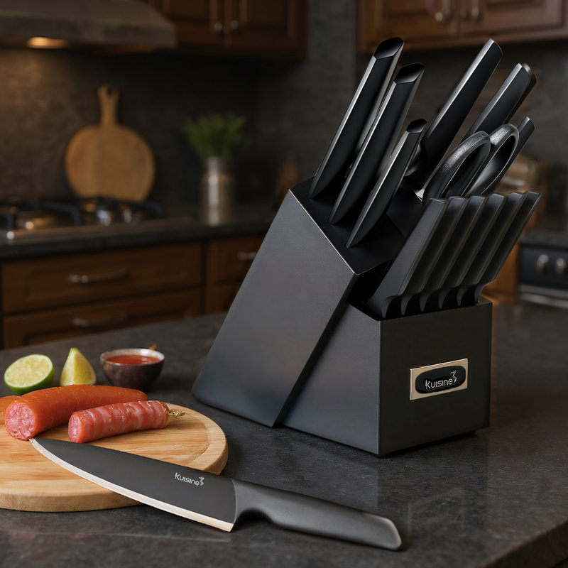 Ensemble de couteaux de cuisine en acier inoxydable de 15 pièces avec bloc d'affûtage intégré, lame de revêtement en acier à haute teneur en carbone, ensemble de couteaux de chef professionnel