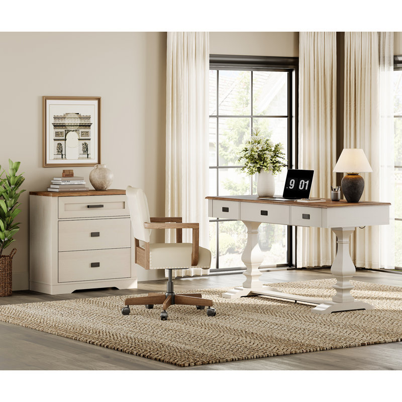 Farmhouse Office Desk Set With Storage Cabinet - 6-Drawer Organization System With Integrated Power Station, Oak/Cream White