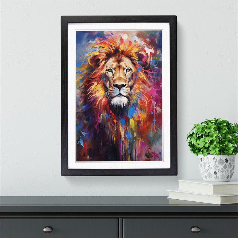 Lion Impressionism No.2 - Single Picture Frame Print on Wood, Black Framed, 64cm H x 46cm W x 2cm D