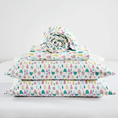 4 Pcs Queen Cotton Flannel Printed Sheet , White Holiday Trees Pattern, , Warm, Machine Washable, Fitted Covers 14" Mattress, And , Includes All Sheets