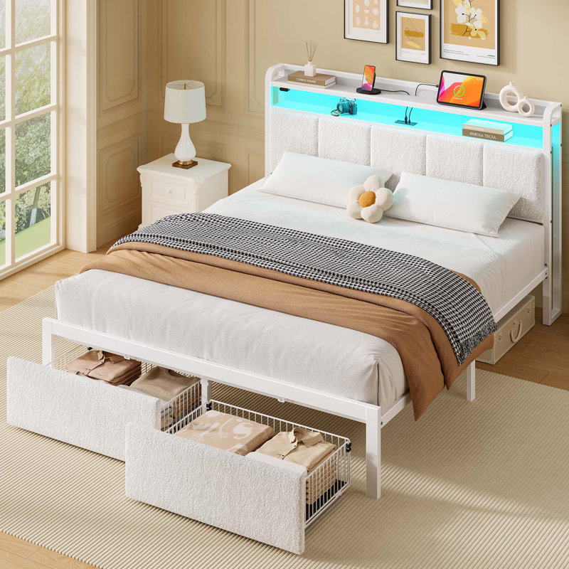 Modern Upholstered Platform Bed with Storage, Headboard, USB Charging Station & LED Lights, Full, Gray, With Drawer