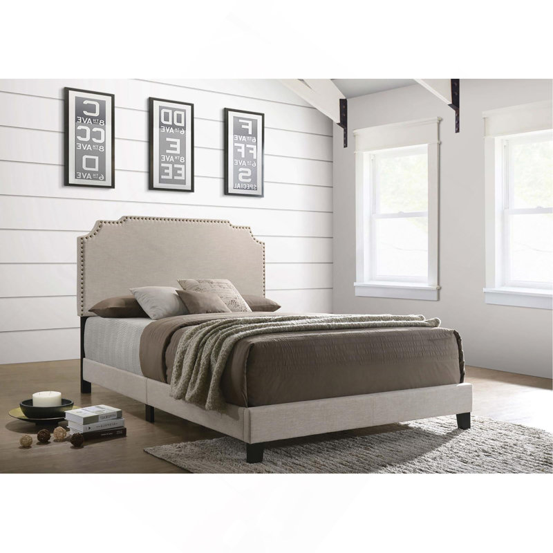 Beige Queen Panel Bed With Nailhead Trim, Queen