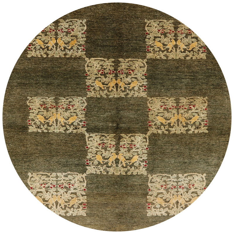 Tapis vert foncé / beige, Rond 3 pi