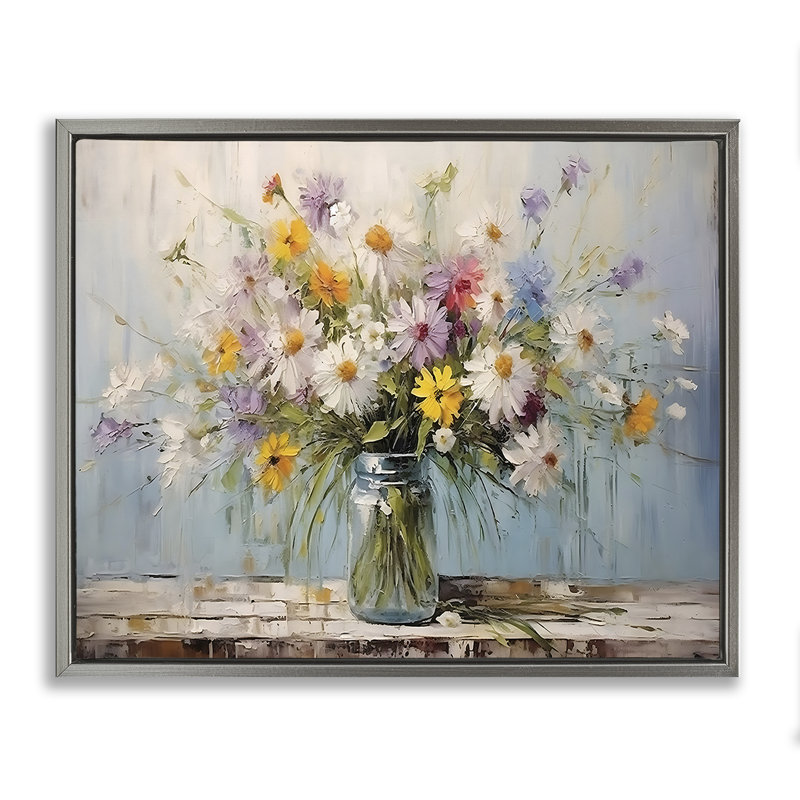  «Wildflower Bouquet in Jar», art mural encadré par Franklyn Gregory, H 17 po x l 21 po, Cadre flottant gris lustré