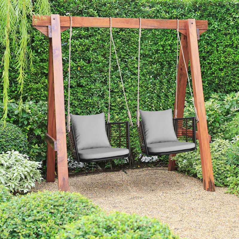 Gray Cushioned Rattan Hanging Chair with Metal Frame