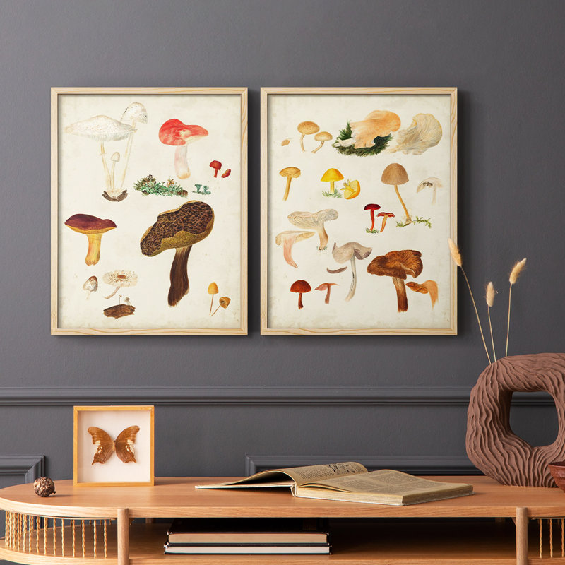 Reproduction encadrée de champignon de qualité supérieure - prêt à accrocher - aucun clou requis, Bois naturel