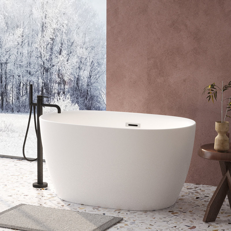 Baignoire de trempage en acrylique autoportante de 47 po x 28 po en blanc brillant, baignoire autoportante de forme ovale avec trop-plein chromé et bonde escamotable certifiée CUPC