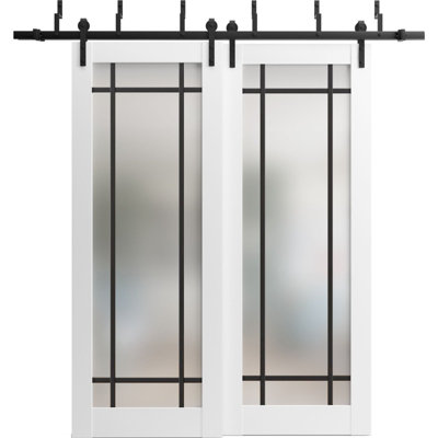 Portes de grange coulissantes en verre givré avec quincaillerie | Planum 2112 | Ensemble de quincaillerie robuste pour rails 6,6 pi | Portes de garde-robe modernes en bois massif - verre givré