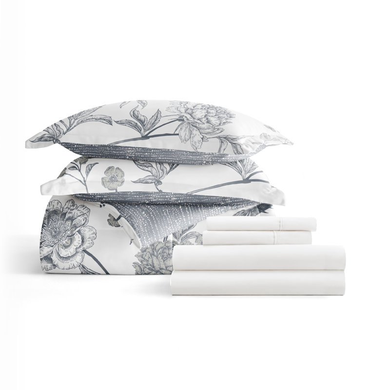 7-Piece Bedding Bundle - Pattern Comforter and Sheet Set, Blue Floral, King Comforter + 1 Additional Piece