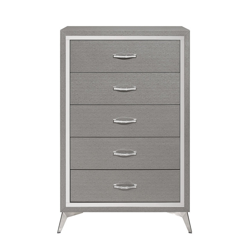 Commode haute Sami 49 po, 5 tiroirs, garniture de miroir, texture en relief, noir, Gris