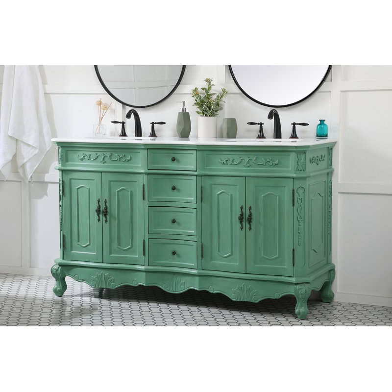 Lunette 60'' Double Bathroom Vanity with Top, Ivory White, Vintage Mint