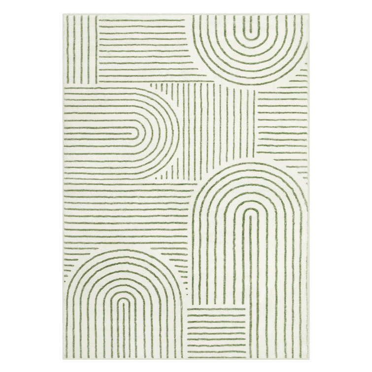 Celeta Washable Abstract Japandi Rainbow Striped Green Area Rug - Colorful Modern Carpet for Living Room, Bedroom, or Office Decor