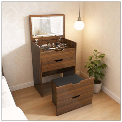 Bureau de coiffeuse 3-en-1 avec miroir lumineux et tabouret de rangement