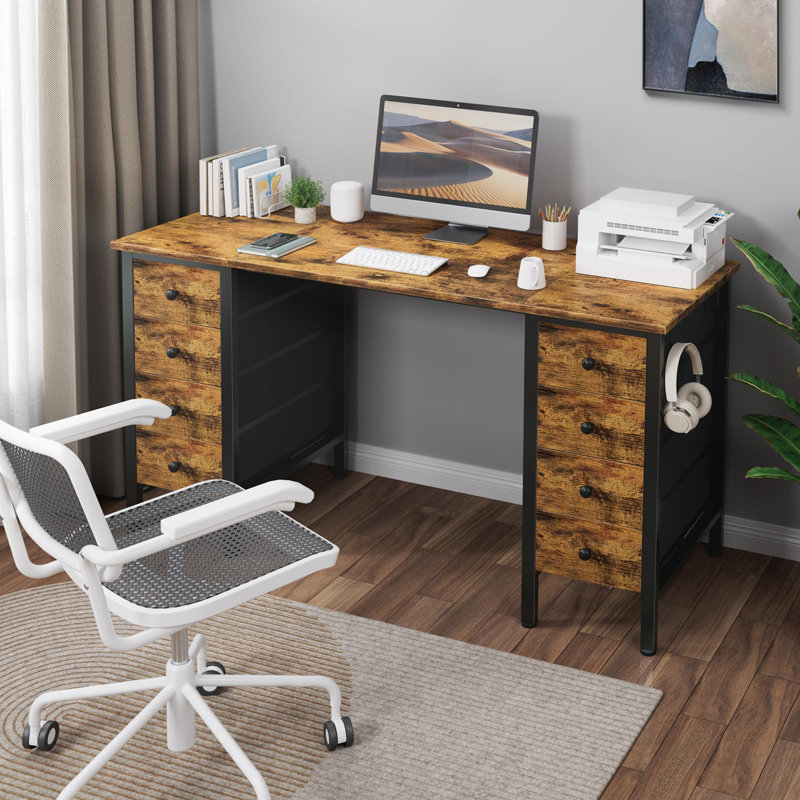 Computer Drawers Desk, Writing Desk With Drawers, Brown
