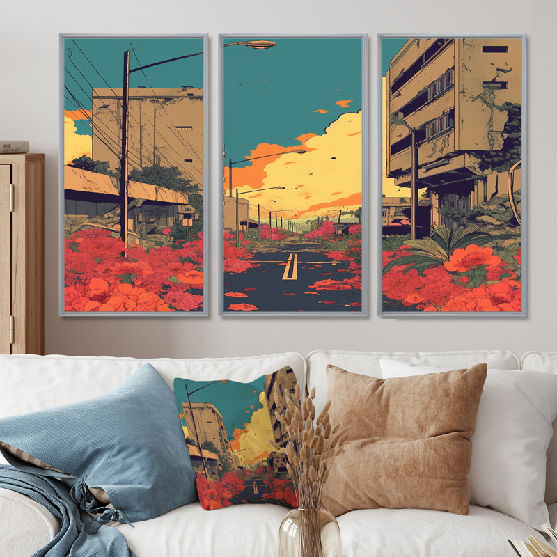 Ensemble d'art mural Socotrine - Bâtiments de la ville, H 28 po x l 36 po x P 1 po, Encadrement argenté
