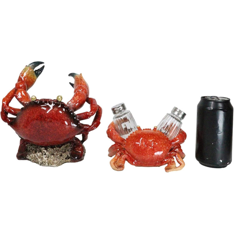 Set Of 2 Ocean Marine Stone Crab Wine Bottle And Salt Pepper Shakers Holders