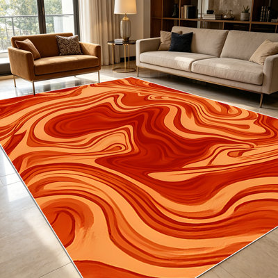 Tapis abstraits en marbre tourbillon liquide orange brûlé de 1 pièce pour le salon, doux et confortable, convient à toutes les saisons, facile à entretenir, lavable à la machine, convient à la table de salle à manger, à la chambre à coucher, au vestibule de la cuisine, au bureau personnel, à la maison et à l'extérieur.