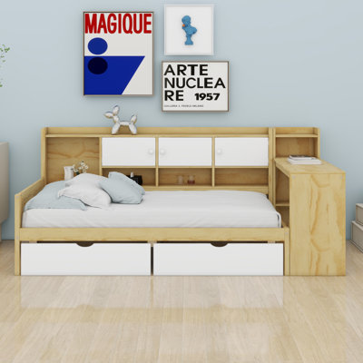 Wooden L-Shape Daybed With Storage Cabinets And Storage Drawers,Multi-Functional Bed With Study Desk by Latitude Run