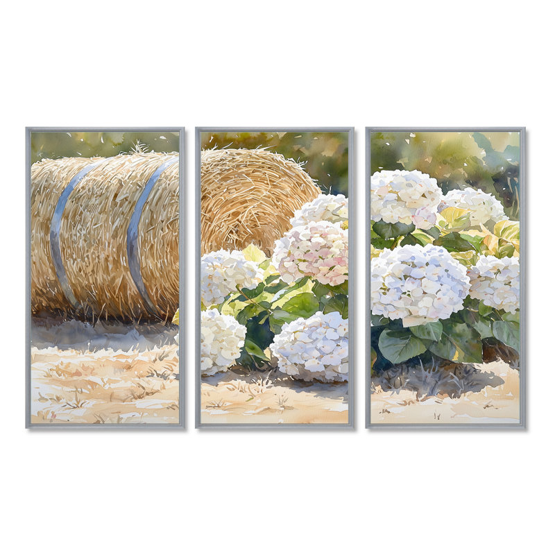 Hortensias dans la basse-cour I - art mural hortensias - ensemble de 3, Argent argent, H 28 po x l 36 po