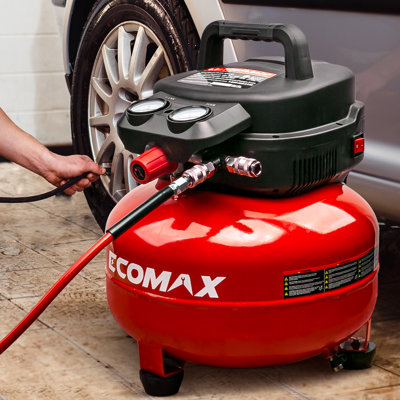 Compresseur d'air ECOMAX 6 gallons (22,7 litres), pression maximale de 175 PSI, pour outils pneumatiques, avec ensemble de 10 accessoires.