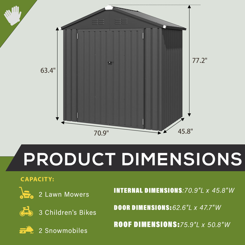 Metal Storage Shed, 77.2" H x 76.1" W x 50.5" D, Dark Gray