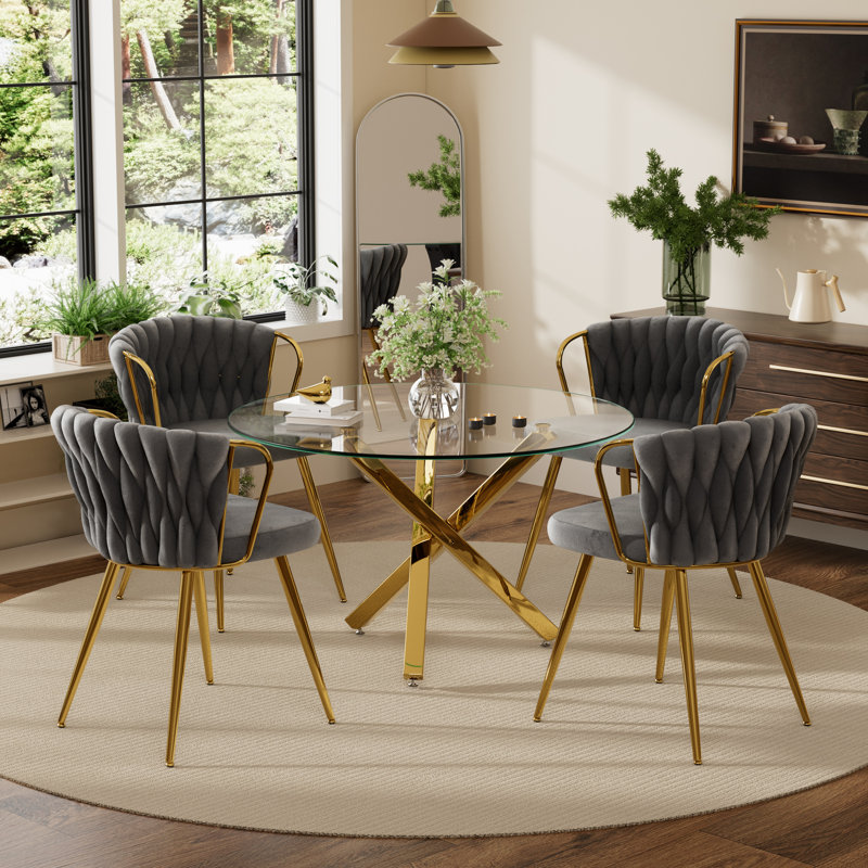Ensemble repas rond, 5 pièces: table, 4 chaises, Gris, Doré