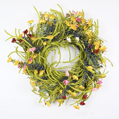 26" Artificial Farmhouse Spring Summer Blossoms Cluster Greenery Grass Daisy Berry Floral Wreath For Front Door